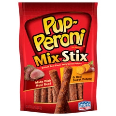 Pup-Peroni Mix Stix braised beef with sweet potato package shows tasty treat visuals