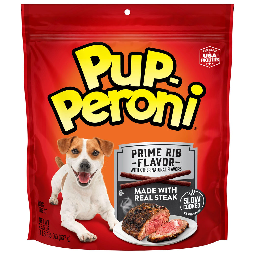 Pup-Peroni Prime Rib bag 22.5oz showing convenient packaging and protein-packed treats.