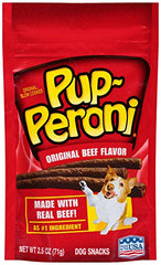 Pup-Peroni beef snack 2.5 oz package highlighting real beef flavor for rewarding dogs during training