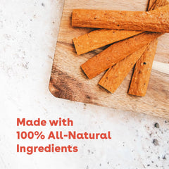 Pupford Chicken Jerky tender texture close-up ideal for easy tearing for puppies and seniors.