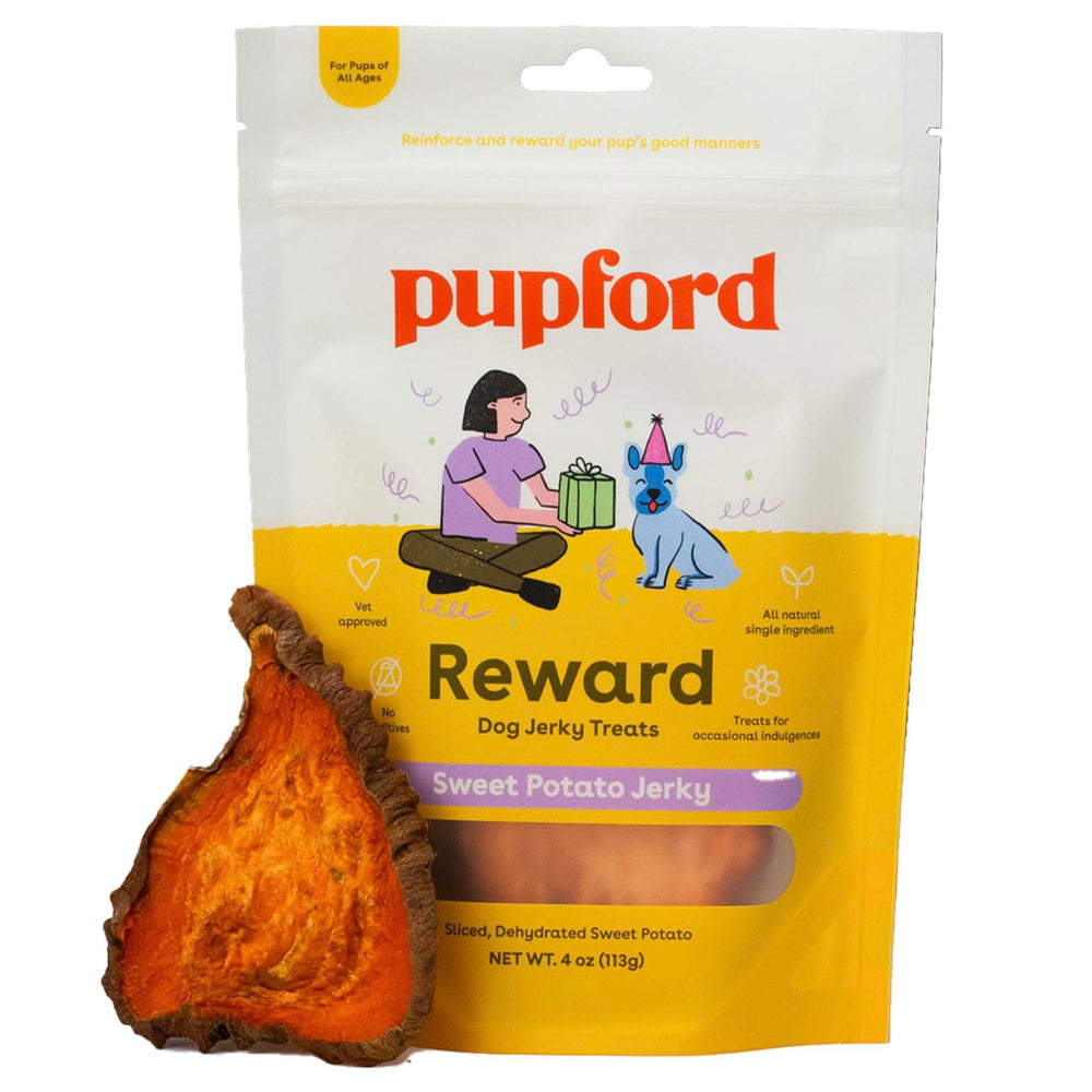 Pupford Crunchy Jerky Treats bag close-up, highlighting training rewards.
