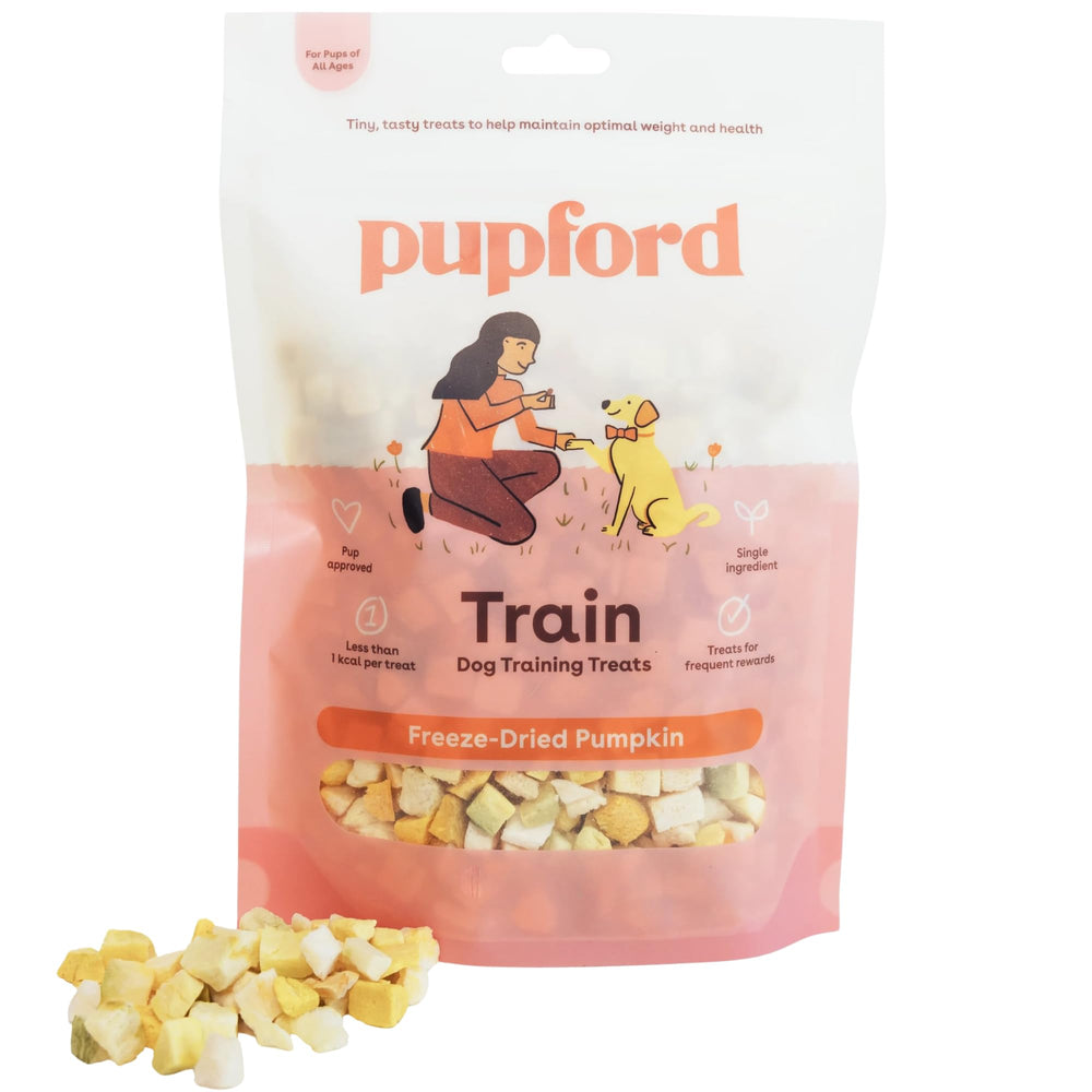Pupford Freeze Dried Pumpkin Treats packaging highlights simple, all-natural ingredients for clean, convenient training rewards.