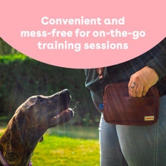 Pupford treats in pocket during outdoor walk for training on the go.