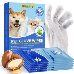PUPMATE glove wipes packaging demonstrates portable no rinse grooming on the go