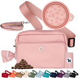 Puppington crossbody dog treat pouch in blush pink for hands-free training sessions.