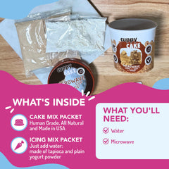 Puppy Cake cuppy-cake-cup-ready signifies a microwave-ready dog birthday treat.