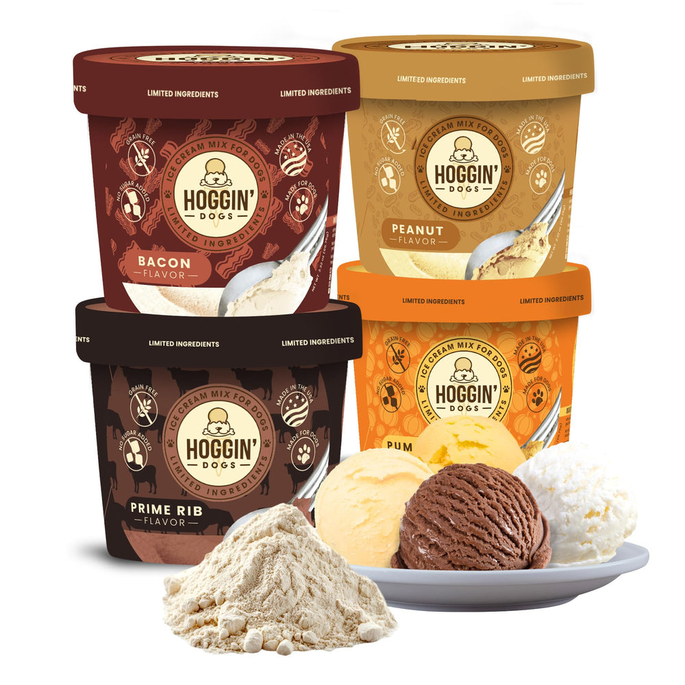 Puppy Cake Hoggin-Dogs ice cream mix packaging shows natural ingredients.