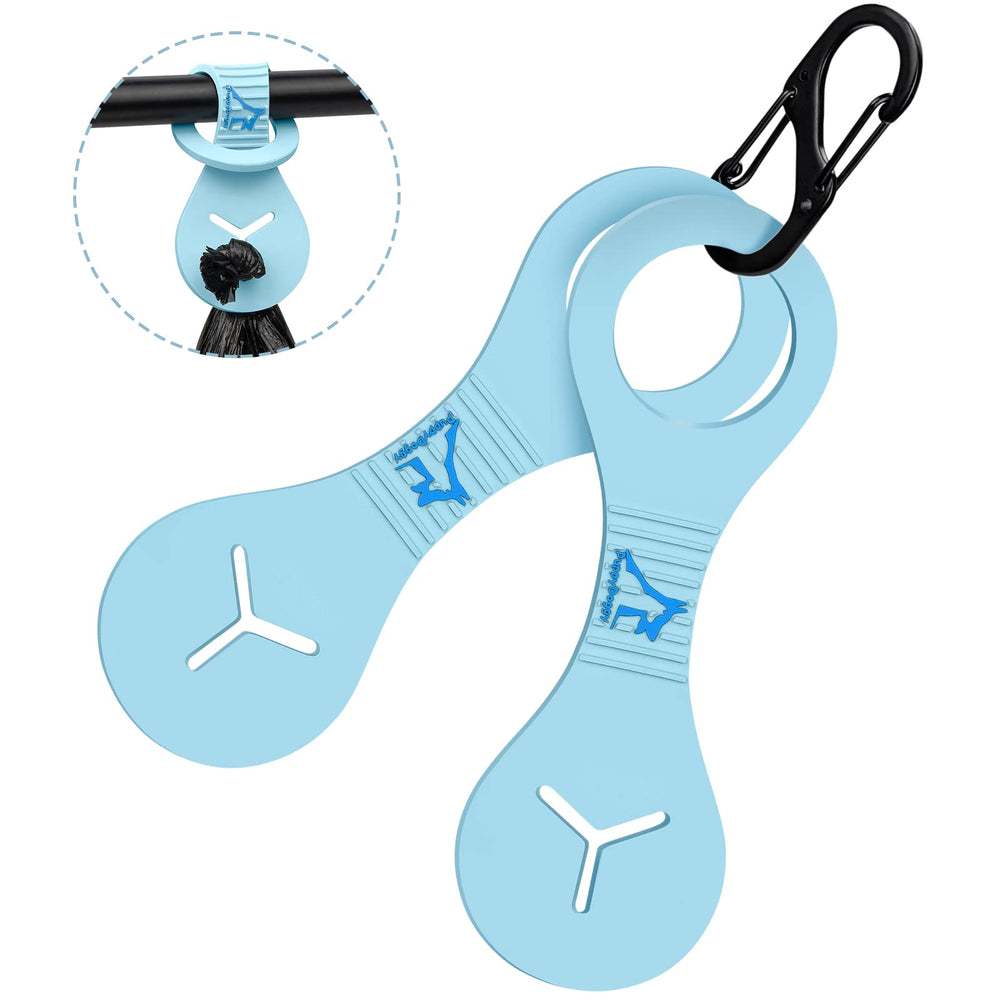 PuppyDoggy poop bag holder on leash in blue for hands-free walks.