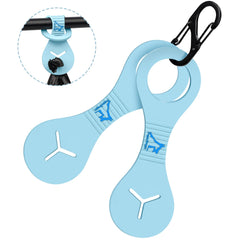 PuppyDoggy poop bag holder on leash in blue for hands-free walks.