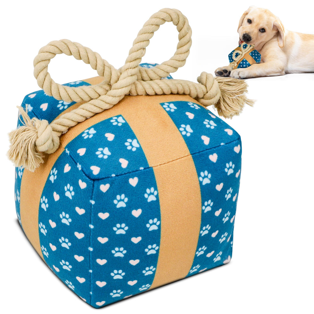 PUPROAR gift box dog toy with present wrap highlights festive gifting and puppy delight.