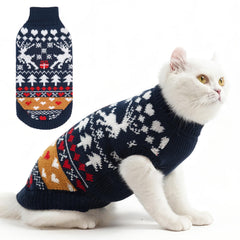PUPTECK Christmas cat sweater navy front view for warm, festive wear