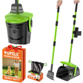 Pupzle dog pooper scooper 40-inch handle enables easy, back-saving yard cleanup.