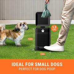 Pupzle metal dog waste bin with foot pedal for hands-free use.