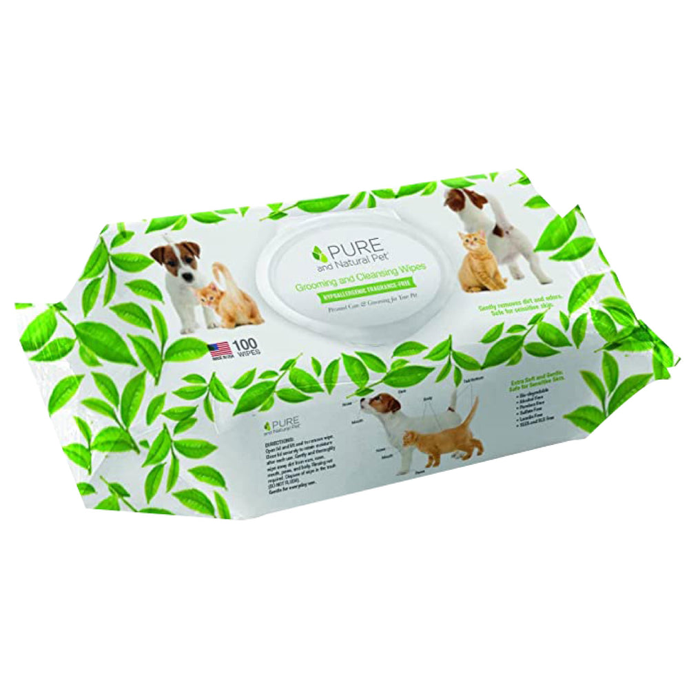 Pure and Natural Pet grooming wipes unscented packaging show easy, mess-free pet cleanup on the go