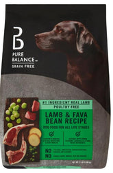 Pure Balance Lamb and Fava Bean dry dog food in a bowl, supports everyday energy with real lamb first.