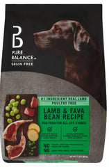 Pure Balance Lamb and Fava Bean dry dog food in a bowl, supports everyday energy with real lamb first.