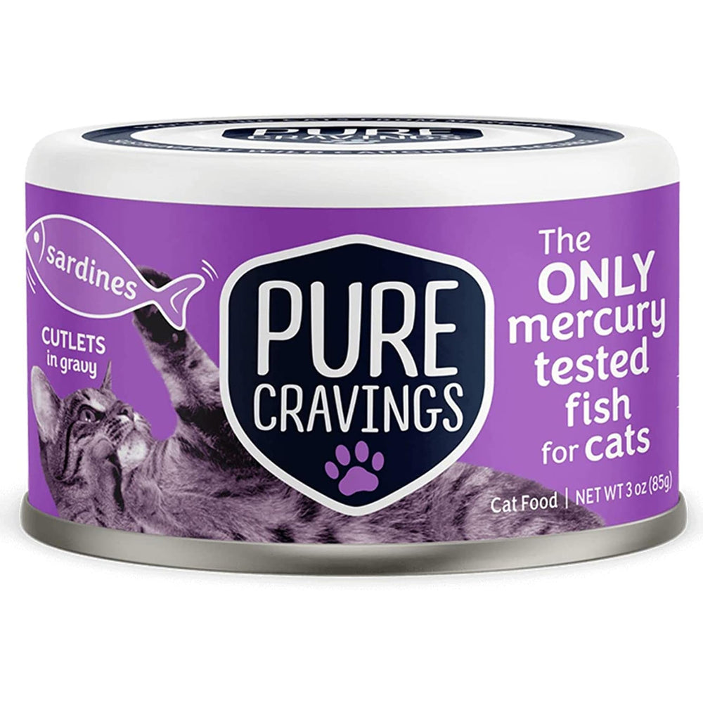 Pure Cravings sardines cutlets in gravy closeup showing high-quality fish for cats.