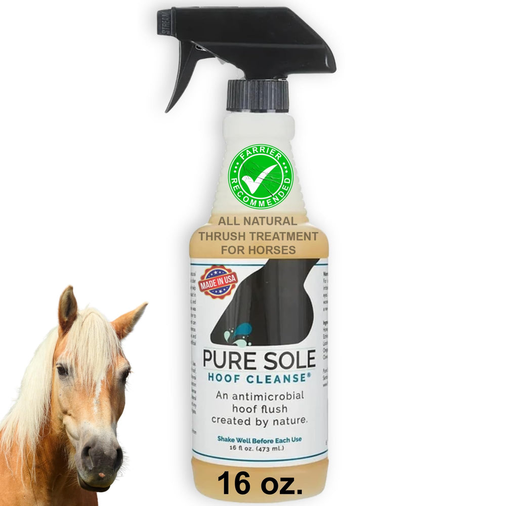 Pure Sole hoof spray bottle for daily hoof care.