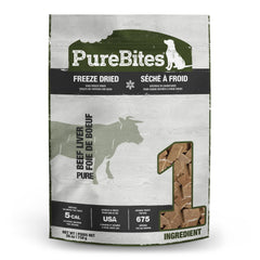 PureBites beef freeze-dried treats 26oz bag showing 1-ingredient formula for simple nutrition.