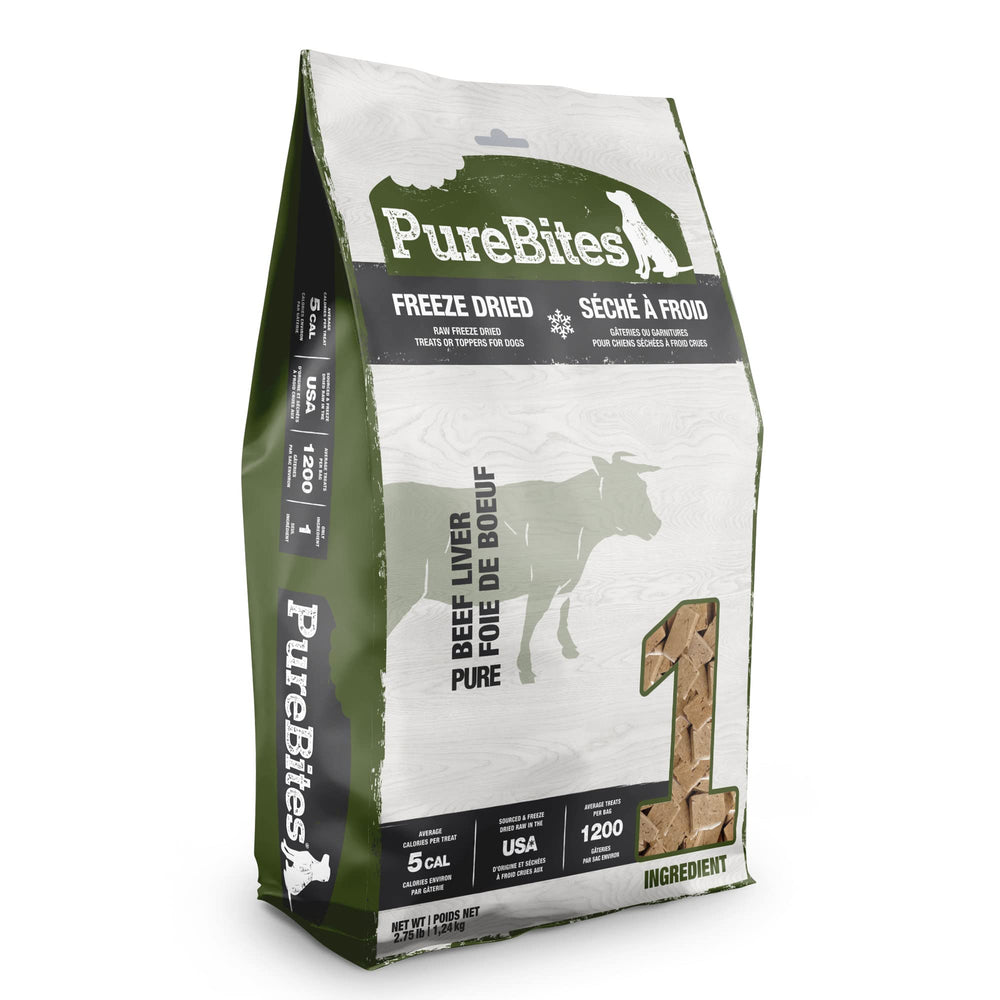 PureBites beef freeze-dried treats bag closeup showing simple one-ingredient formula for dogs