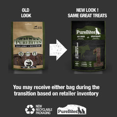 PureBites beef jerky closeup shows 100% beef with high protein.