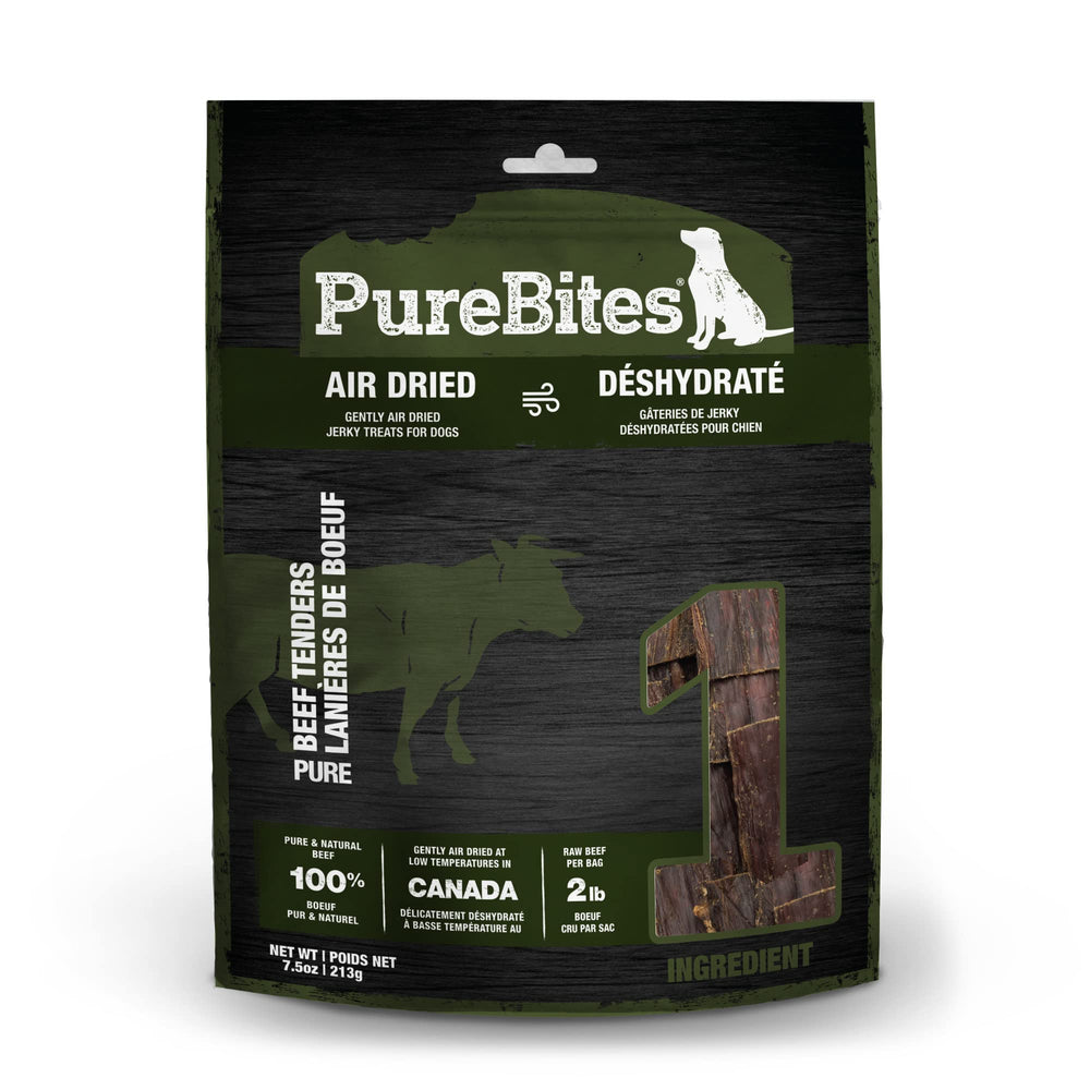 PureBites beef jerky packaging highlights single-ingredient beef for clean treats.