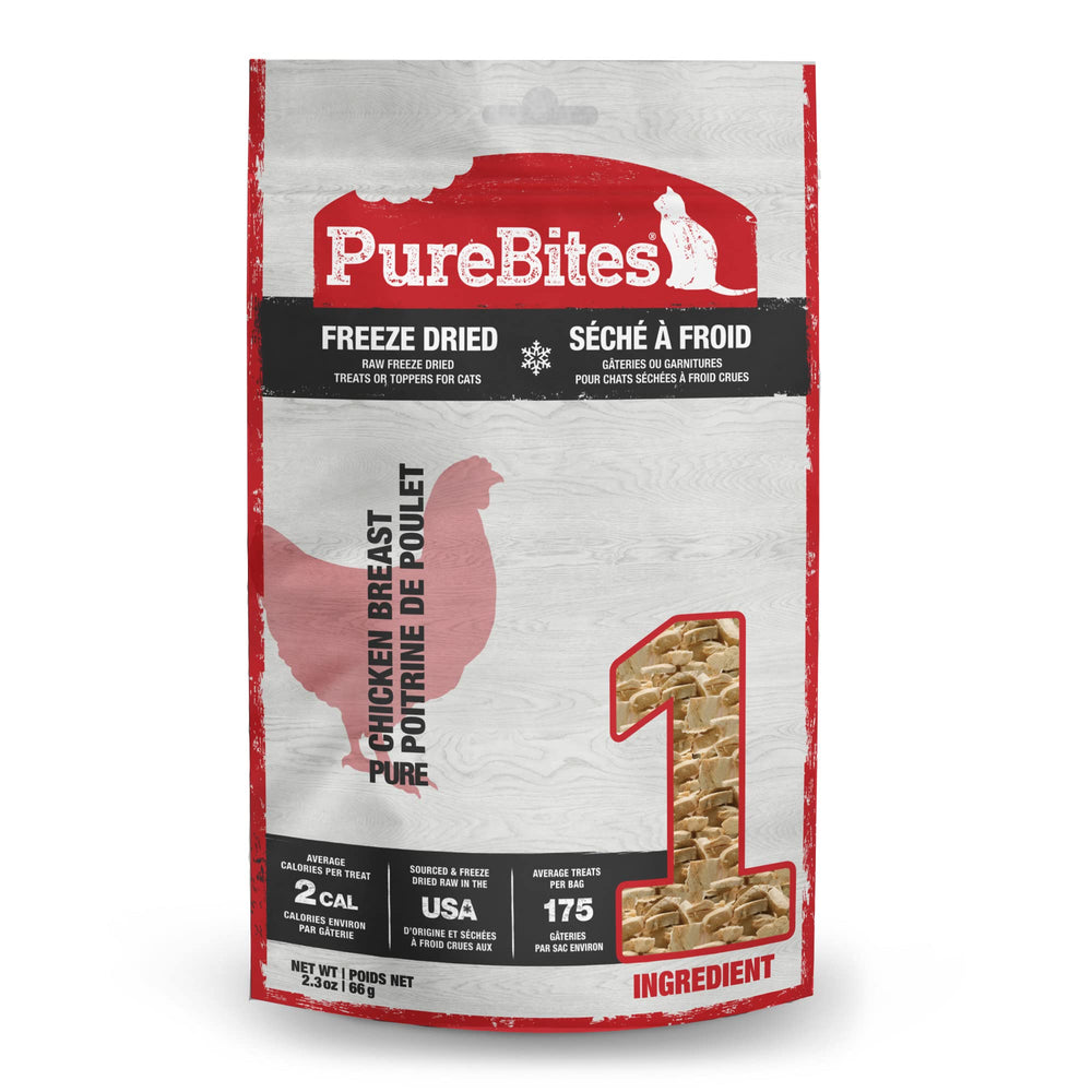 PureBites chicken freeze-dried bag front shows a simple, high-protein treat for cats