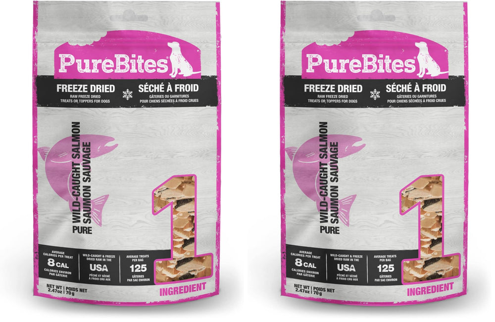 PureBites freeze-dried salmon dog treats packaging close-up showing 1-ingredient formula