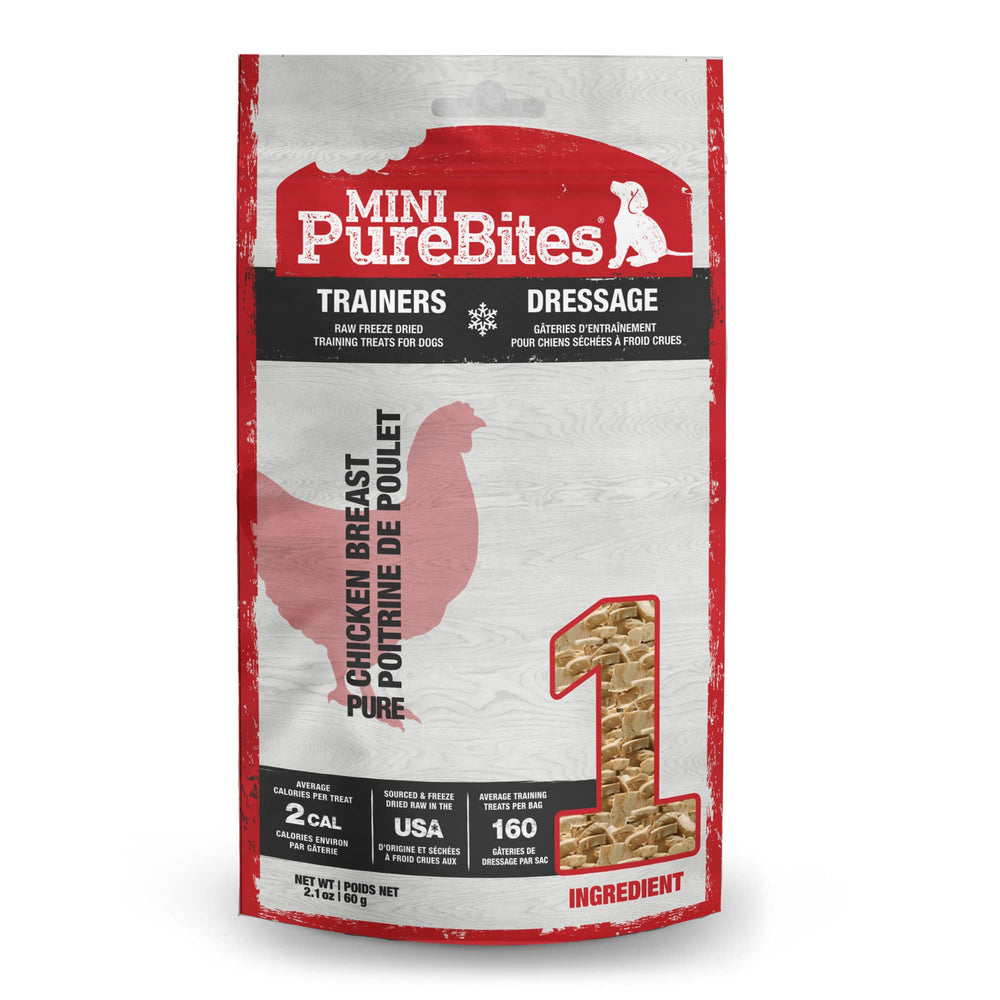 PureBites Mini Chicken Freeze-Dried Treats bag closeup highlighting high-protein reward for training.