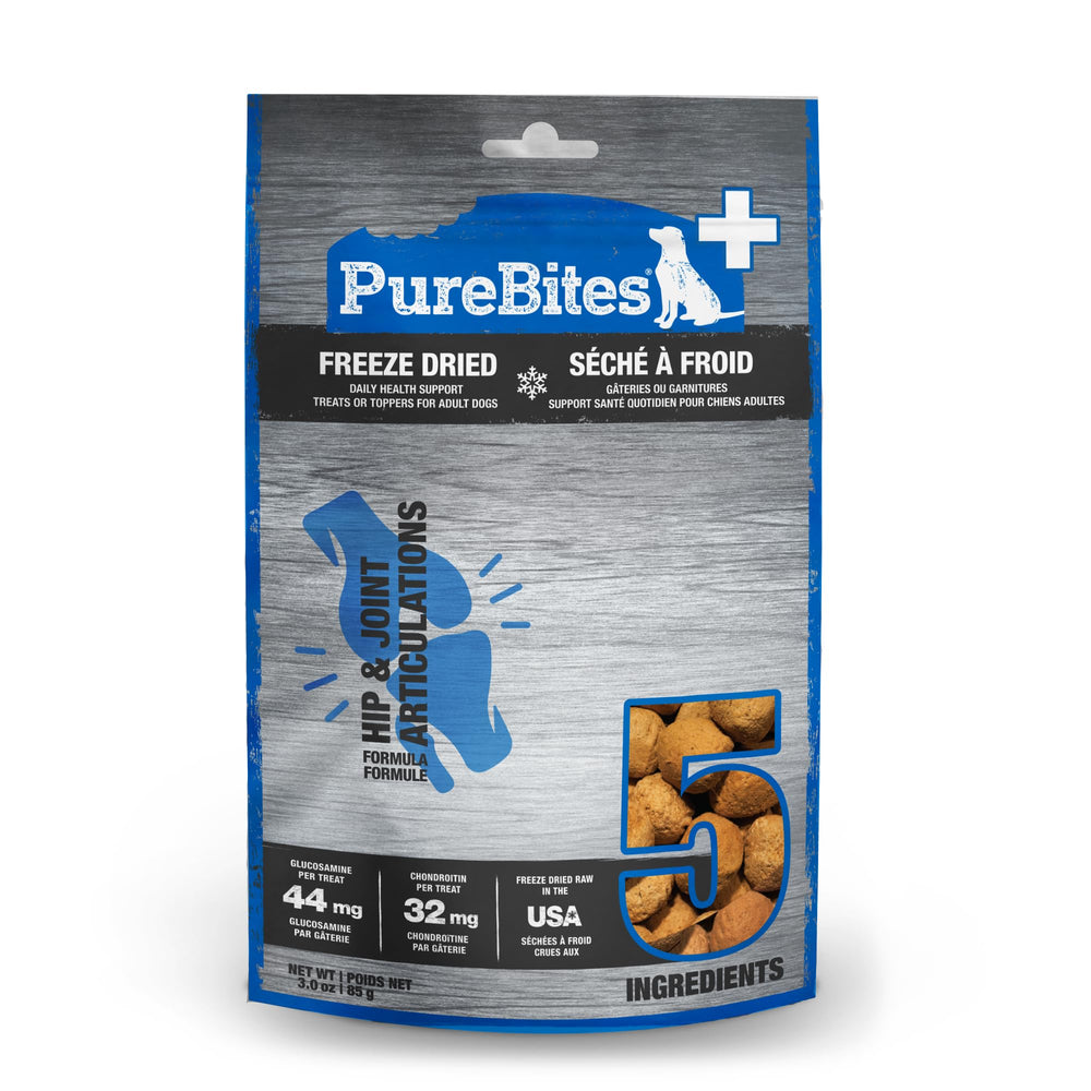 PureBites+ hip joint freeze-dried treats packaging highlights USA-made quality for daily use.