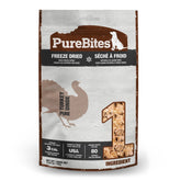 PureBites Turkey Freeze-Dried Dog Treats bag front highlights 1-ingredient turkey formula for easy training