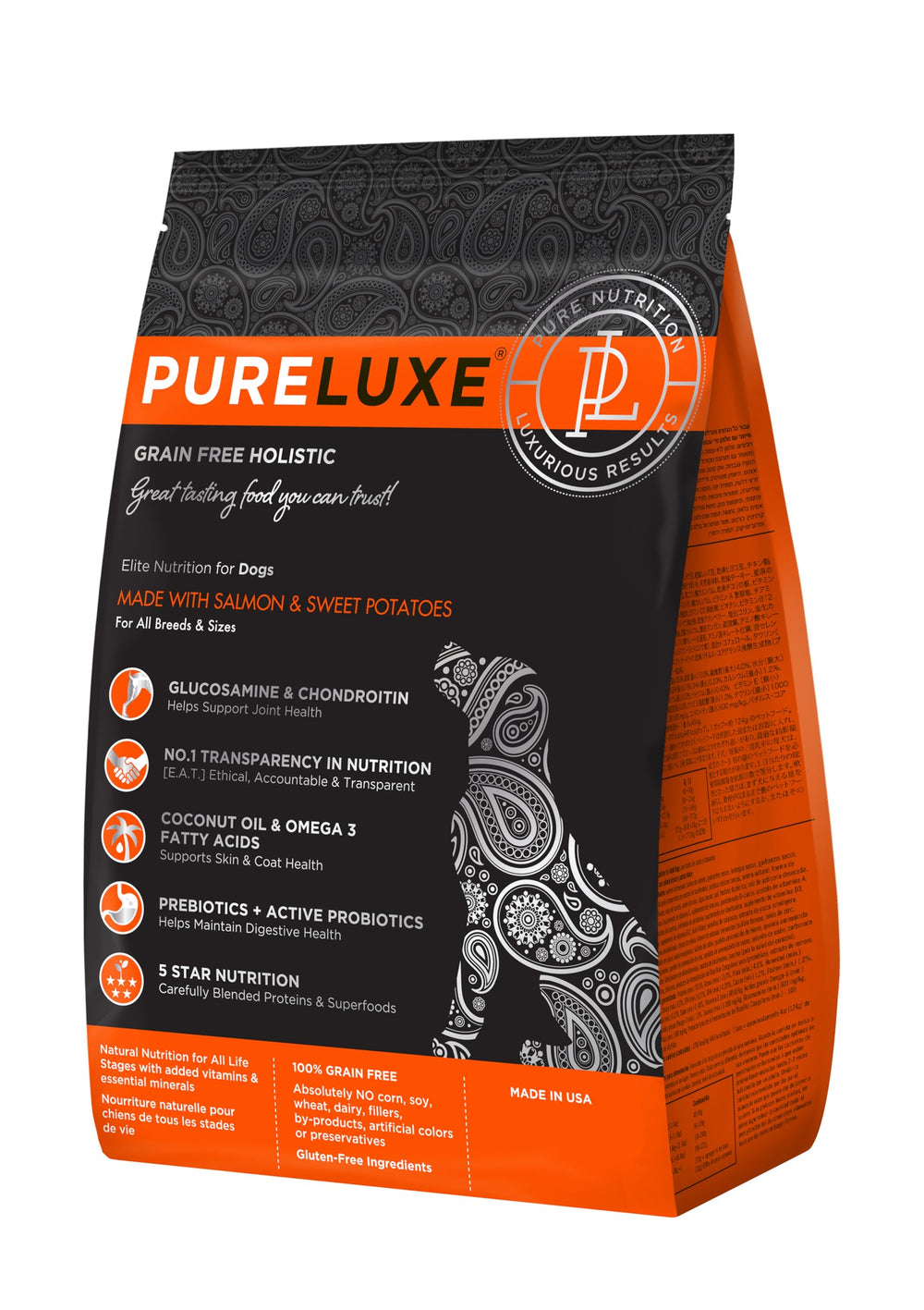 PURELUXE grain-free dog food bag featuring salmon for gentle digestion support