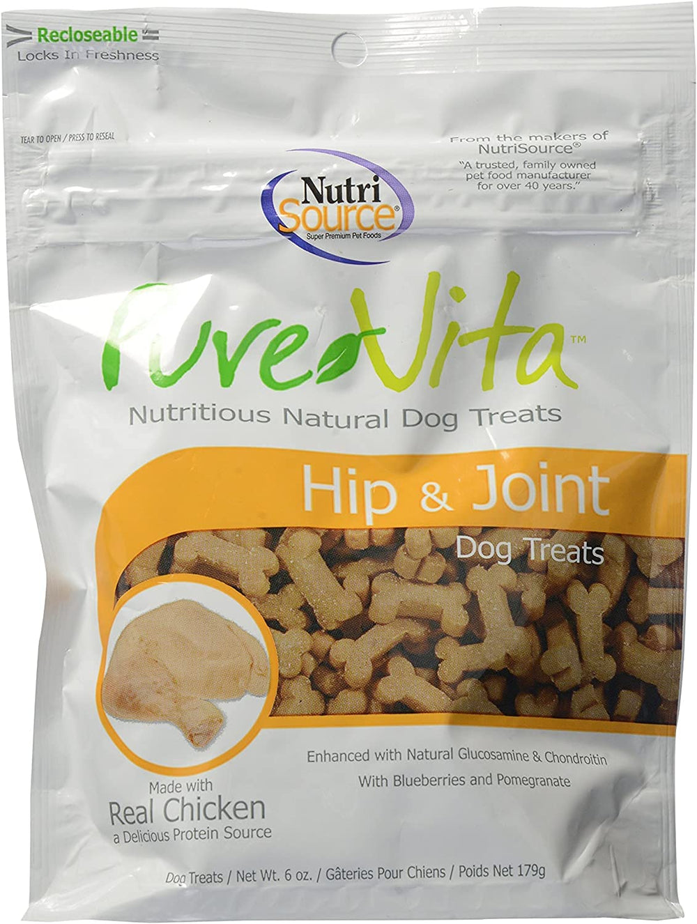 PureVita hip and joint dog treats packaging shows three-pack convenience for daily snacking