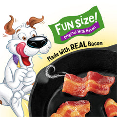 Purina Beggin' bacon strip close-up highlights chewy texture and bacon flavor.