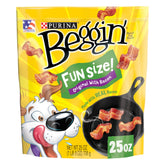 Purina Beggin' Fun Size bacon flavor pouch shows real meat rewards for dogs.