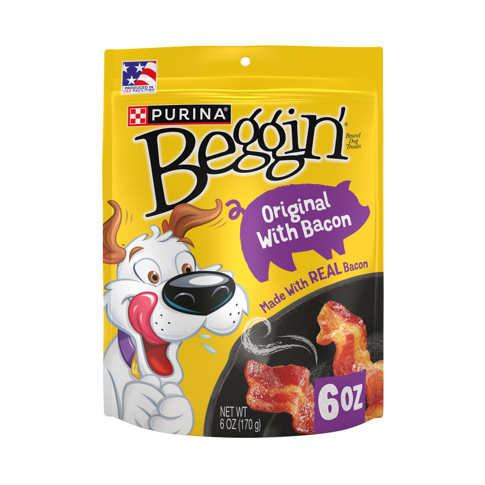 Purina Beggin' Strips label closeup emphasizes real meat as the first ingredient.