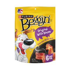 Purina Beggin' Strips label closeup emphasizes real meat as the first ingredient.