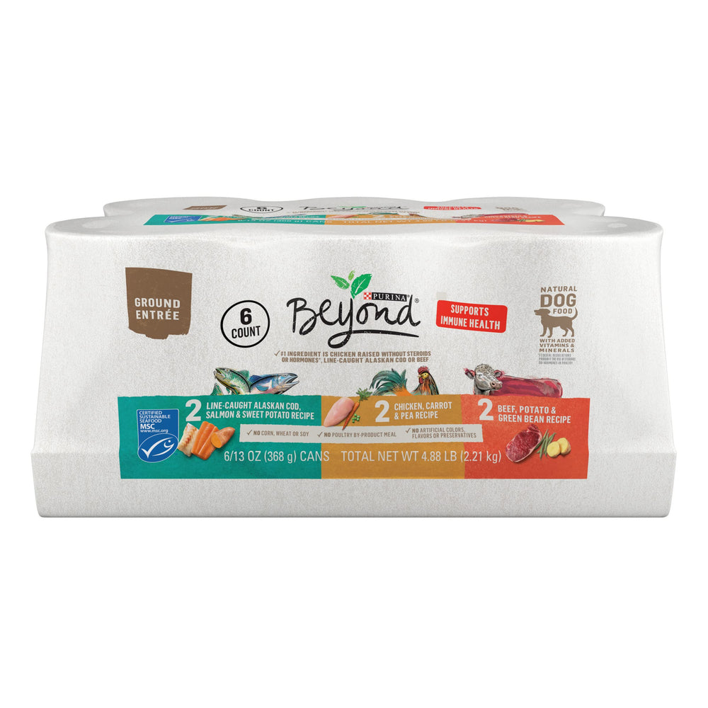 Purina Beyond Ground Entree variety-pack cans on shelf for convenient meals