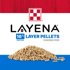Purina Layena pellets showcasing eggshell support benefits for healthy production.