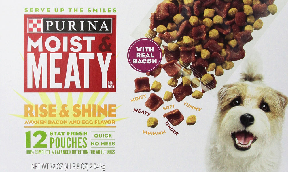 Purina Moist & Meaty Rise & Shine Awaken Bacon & Egg pouch offers convenient, meal-ready canine nourishment.
