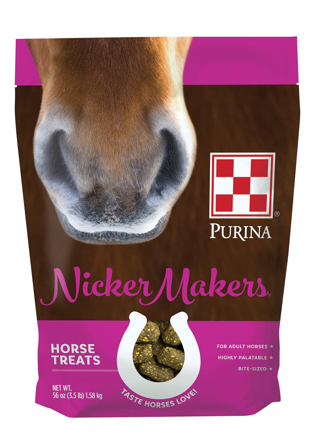 Purina Nicker Makers horse treats bag shown, easy-to-feed extruded snacks for training rewards