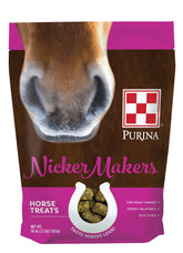 Purina Nicker Makers horse treats bag shown, easy-to-feed extruded snacks for training rewards