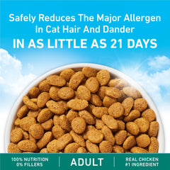 Purina ONE LiveClear kibble close-up shows real-chicken flavor cats enjoy.
