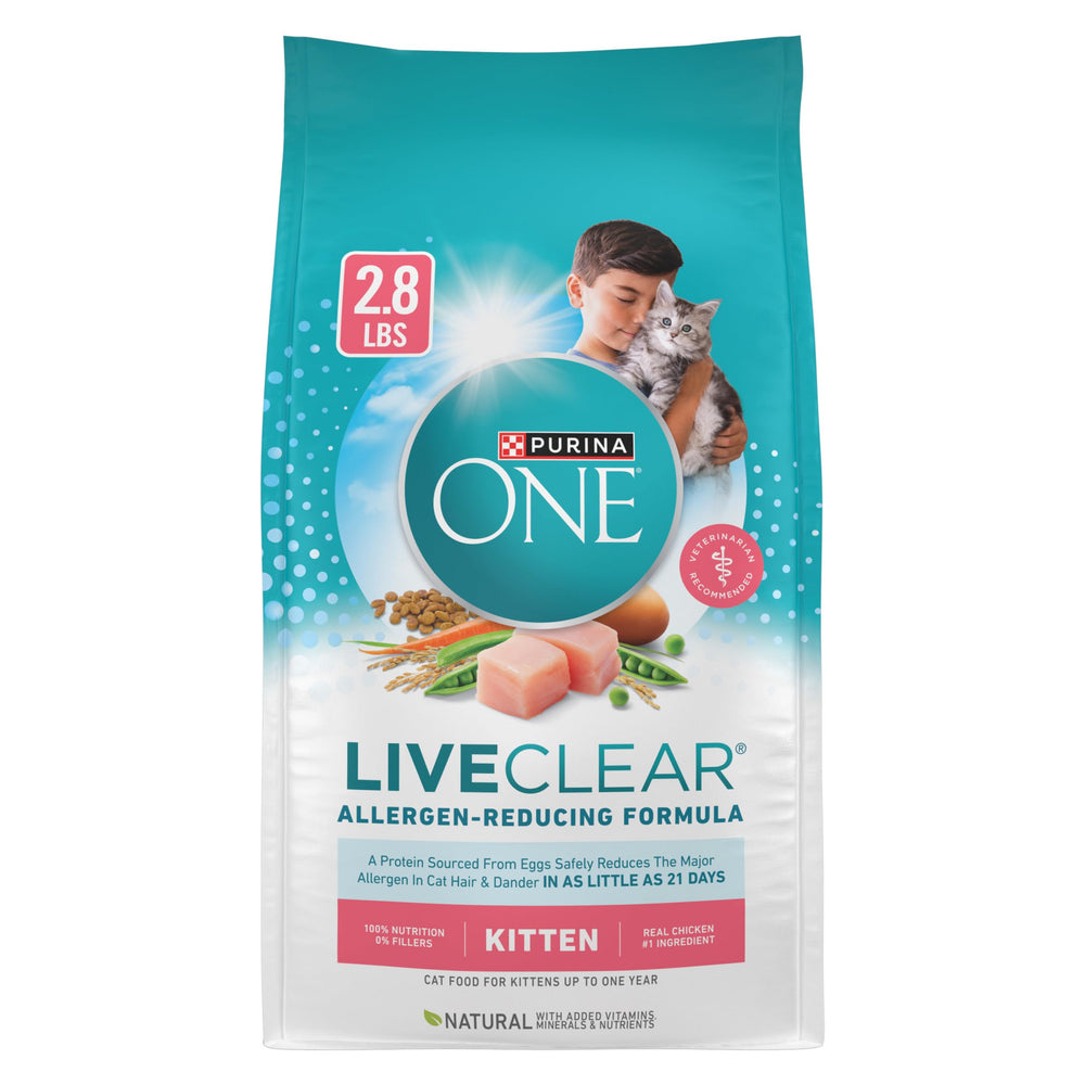 Purina ONE LiveClear real-chicken-ingredient bag showcases premium kitten kibble for growth