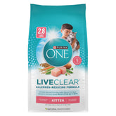 Purina ONE LiveClear real-chicken-ingredient bag showcases premium kitten kibble for growth