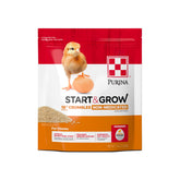 Purina Start and Grow chick feed crumbles bag shows convenient 5 lb packaging for backyard flocks