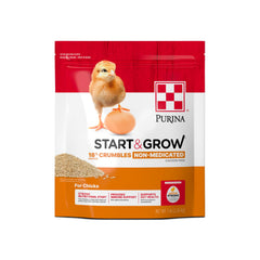 Purina Start and Grow chick feed crumbles bag shows convenient 5 lb packaging for backyard flocks