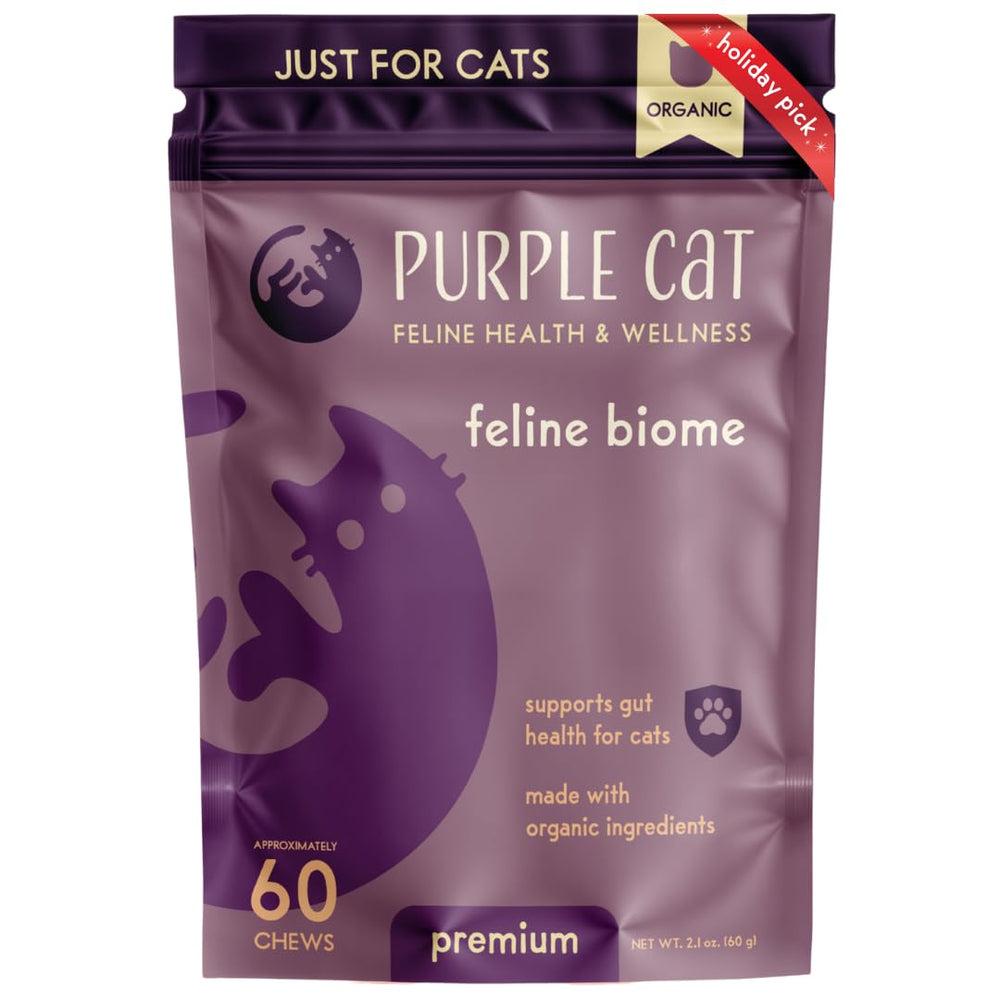 Purple Cat Feline Biome soft-chews package for convenient daily probiotic support and gut balance.