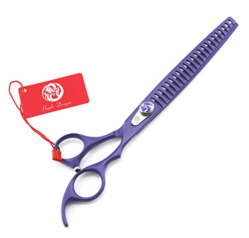 Purple Dragon 8in pet grooming scissors front view highlights balanced design for steady cuts.
