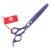 Purple Dragon 8in pet grooming scissors front view highlights balanced design for steady cuts.